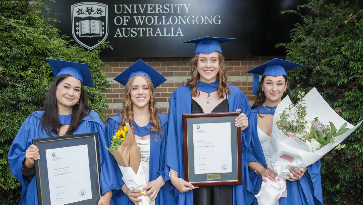 Friends Emma Lavilles, Amy Gibbons, Emma Symons and Isabella Razmovski have supported each other through their bachelor of public health. Picture by Adam McLean.