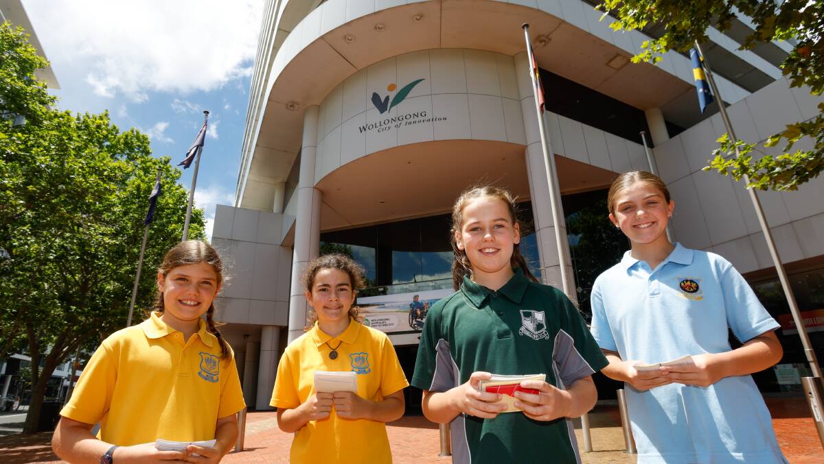 Year 5 students Kasia Figgis, Ellie Purvis, Lilah Cuthbertson and Grace Henderson pitched their idea for a 'Sandon Point Aboriginal Starlit Path' to Wollongong City Council. Picture by Anna Warr