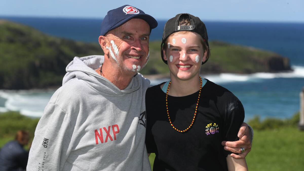 Darren Sweet with 11-year-old daughter Marley Sweet from Oak Flats during the The Farm Kiosk 1st birthday celebration activities at Killalea Reserve. Picture by Robert Peet.