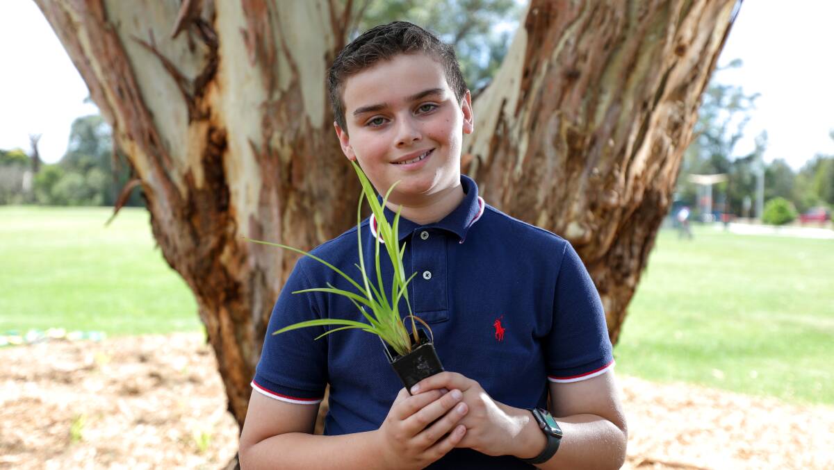 The Illawarra Grammar School student Kaleb Isaac at William Beach Reserve in Brownsville for the Poem Forest competition. 