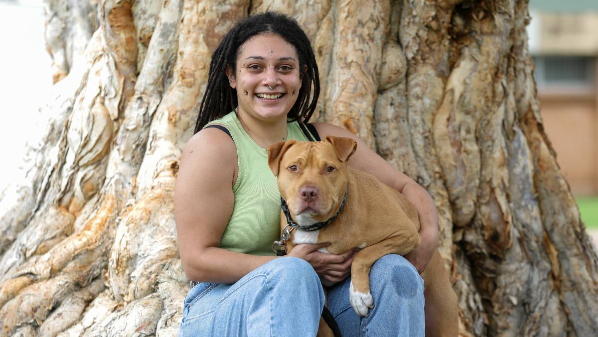 Figtree woman Maddie Marle with Bossy the American staffy mix dog in Figtree Park. Picture by Adam McLean