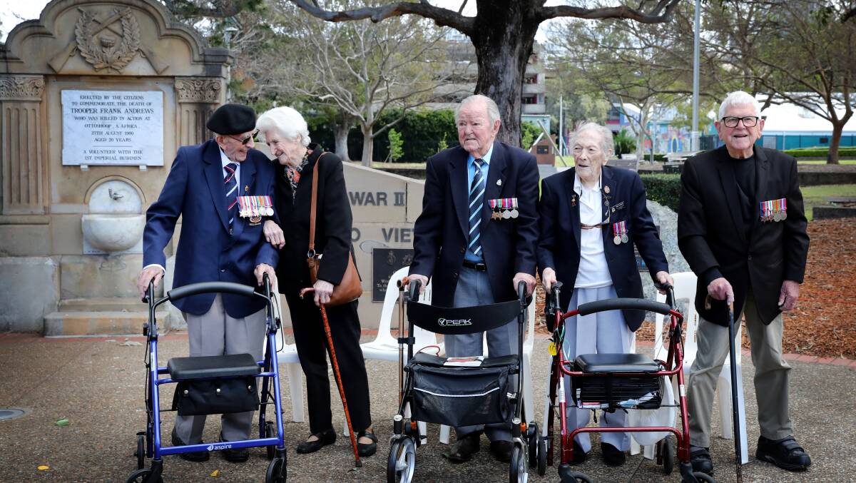 Fred Gregory, 99, Irene Walker, 101, John Boyd, 99, Mona Parsons, 100, and Reg Wilding, 99 at the VP Day commemoration at Wollongong. Picture by Sylvia Liber