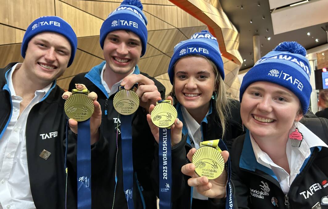 WorldSkills national competition gold winners: Ethan Everett in bricklaying, Michael Bowen in fitting, Hannah Gerritsen in hairdressing, and Renee Bridges in patisserie. Picture supplied by TAFE NSW