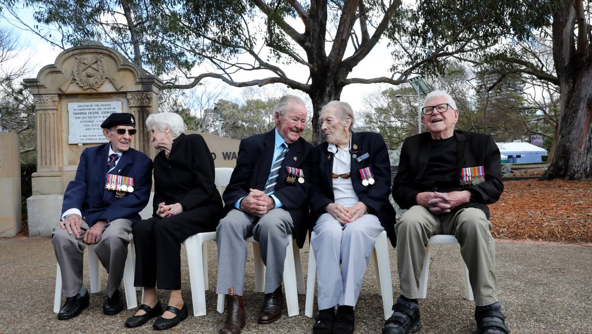 The last local WWII veterans Fred Gregory, Irene Walker, John Boyd, Mona Parsons and Reg Wilding at the VP Day commemoration at Wollongong MacCabe Park on August 15, 2023. Picture by Sylvia Liber