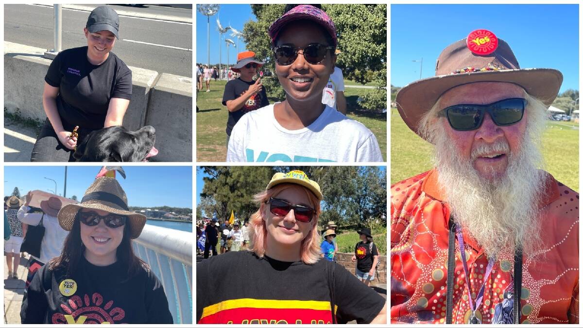 Illawarra locals have their say on the Voice at a "yes" rally. Pictured top left Billie Claove, Joanne Kalute, Tom Ward, (bottom left), Clare Rhodes, Jayne Hoschke. Pictures by Marlene Even