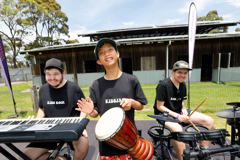 Rhys Zahra-Skinner, Roland Cebsollo and Jamie Zahra-Skinner are part of the Kids Rock band that performed at KidsWish Christmas Party at Symbio Wildlife Park on December 7, 2023. Picture by Anna Warr