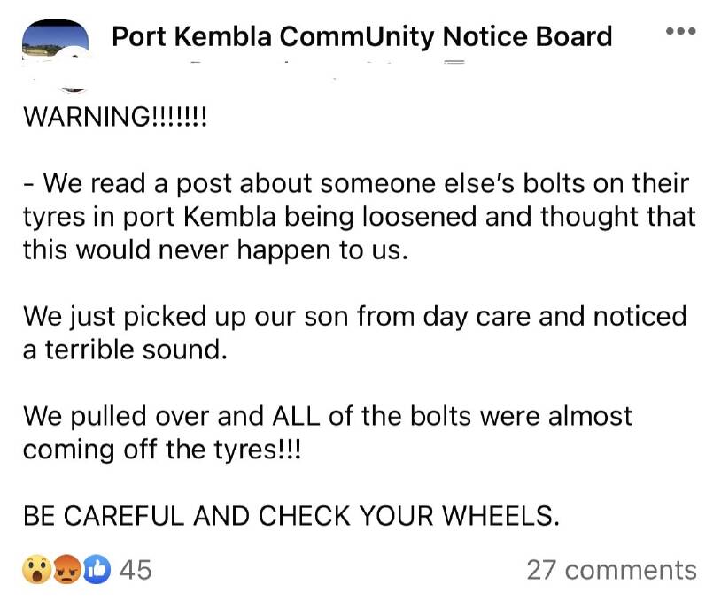A post on the Facebook group 'Port Kembla CommUnity Notice Board' warning others to check their wheels. Picture a screenshot of a Facebook post.