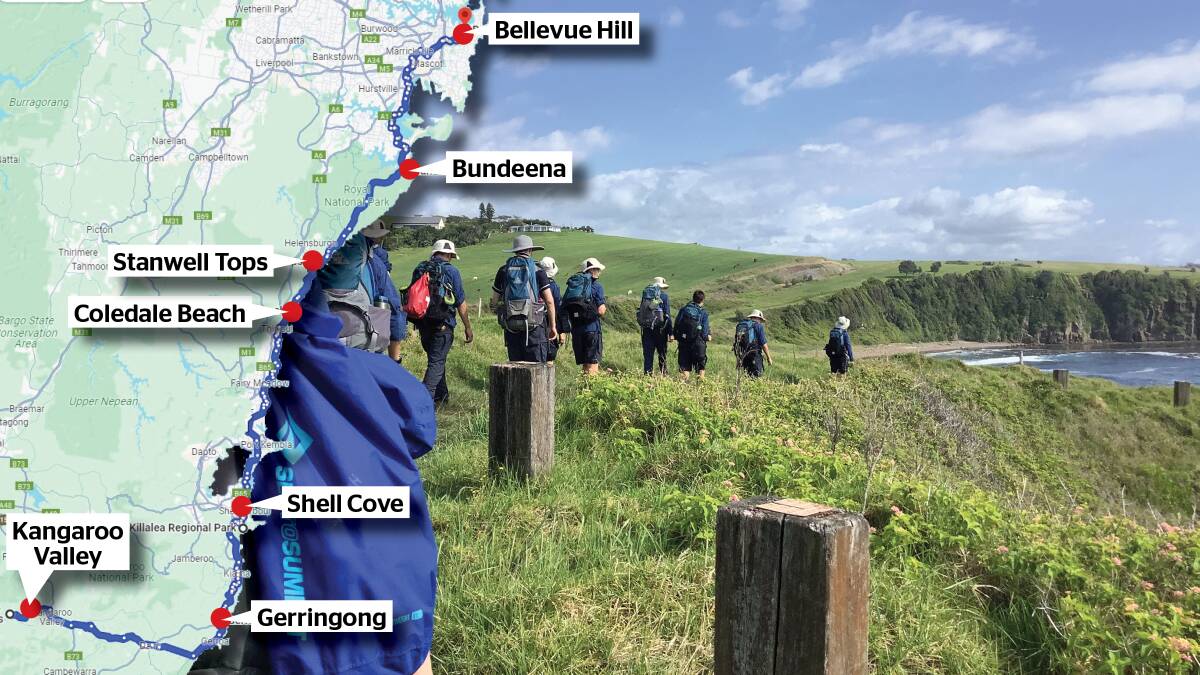 The Scots College Year 9 students 200km journey mapped on the left with a photo of the students at Gerringong. Graphic by ACM, picture supplied by Scots College