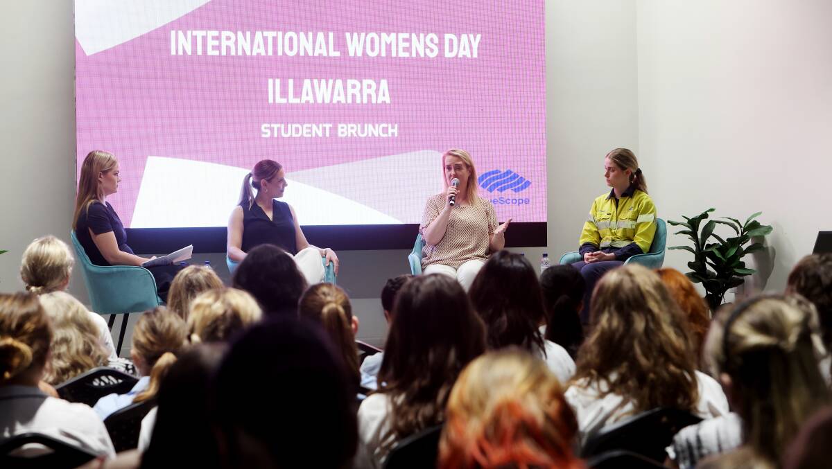 Panelists at the International Women's Day seminar spoke to high school students. 