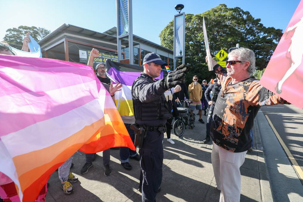 June 24. Protests between the groups for and against the Wollongong Council's Drag Story Time meet at Thirroul library.