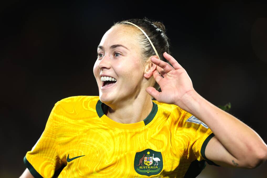 August 7. Australian player Caitlin Foord celebrates her goal during the the FIFA Women's World Cup match Between Australia and Denmark at Stadium Australia, Sydney. 