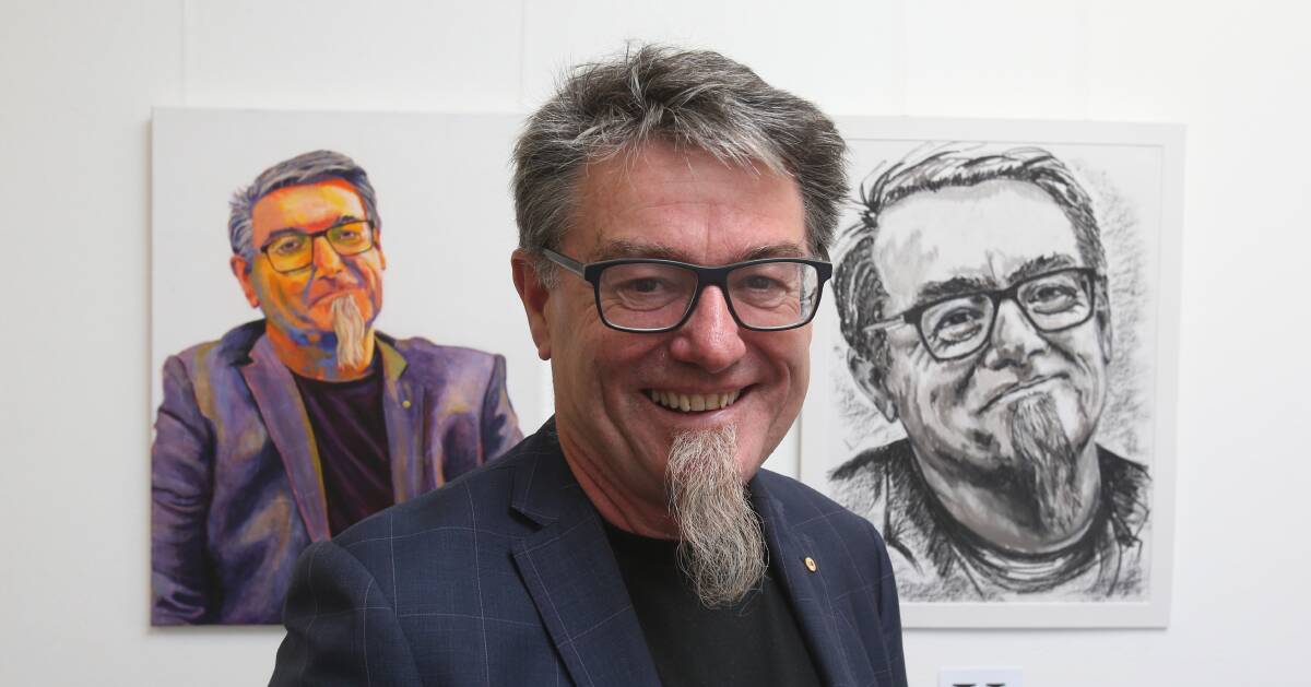 August 11: University of Wollongong Professor Gordon Wallace poses for a photo at the Portraits of Gordon exhibition at the Red Point Artists gallery in Port Kembla. Picture: Robert Peet