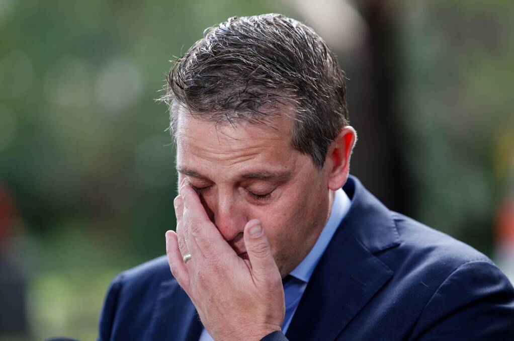 April 14. NSW Health Minister Ryan Park holds an emotional press conference after paramedic Steven Tougher was stabbed in the car park of a McDonald's restaurant in Campbelltown. 