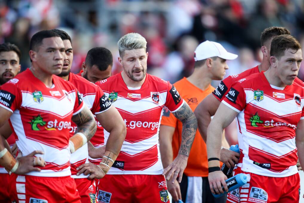 August 4: St George Illawarra players react to another try by the Auckland Warriors during their match at WIN Stadium. Picture: Adam McLean.