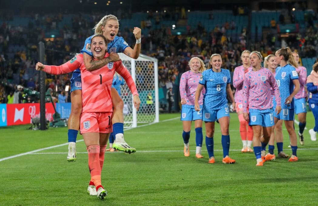 August 16. England players celebrate their win in the Women's World Cup 2023 semi-final match against Australia at Stadium Australia, Sydney.