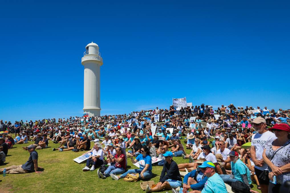 October 29. Protesters take part in a Rally out at Flagstaff Point in response to the proposed offshore wind farms off the Illawarra coastline by the Federal Government.