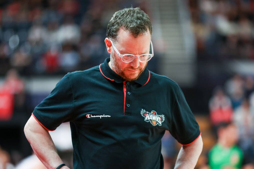 September 30. Illawarra Hawks Coach Jacob Jackomas leaves the court after a loss in the Round 1 NBL match between the Illawarra Hawks Game and the Sydney Kings at the Wollongong Entertainment Centre. 