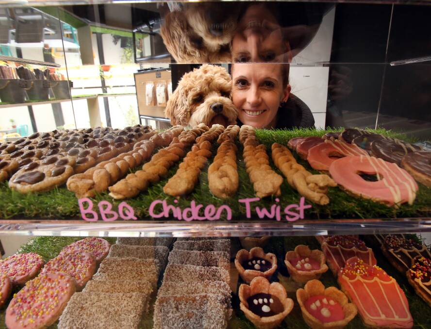 August 8: Dog Bakery owner Melissa Malin with Ollie looking over some of the gourmet dog treats available in her new Wollongong store. Picture: Robert Peet