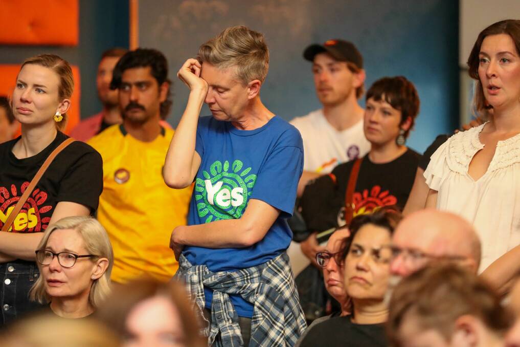 October 14. People react during an afterparty at Wollongong Town Hall to the Yes23 campaign's loss in the 2023 Australian Indigenous Voice referendum. 