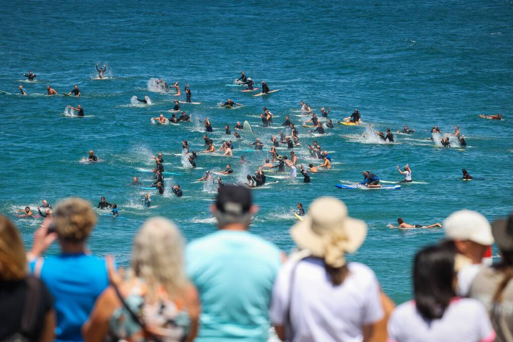 October 29. Protesters take part in a paddle out at City Beach in responce to the proposed offshore wind farms off the Illawarra coastline by the Federal Government.