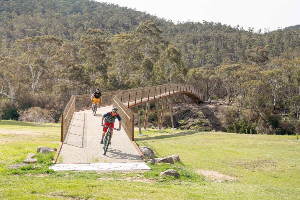 This 85-metre bridge spanning the Thredbo River marks the end of the 18-kilometre extension of Thredbo Valley Track which officially opened last week. Picture: Robert Mulally