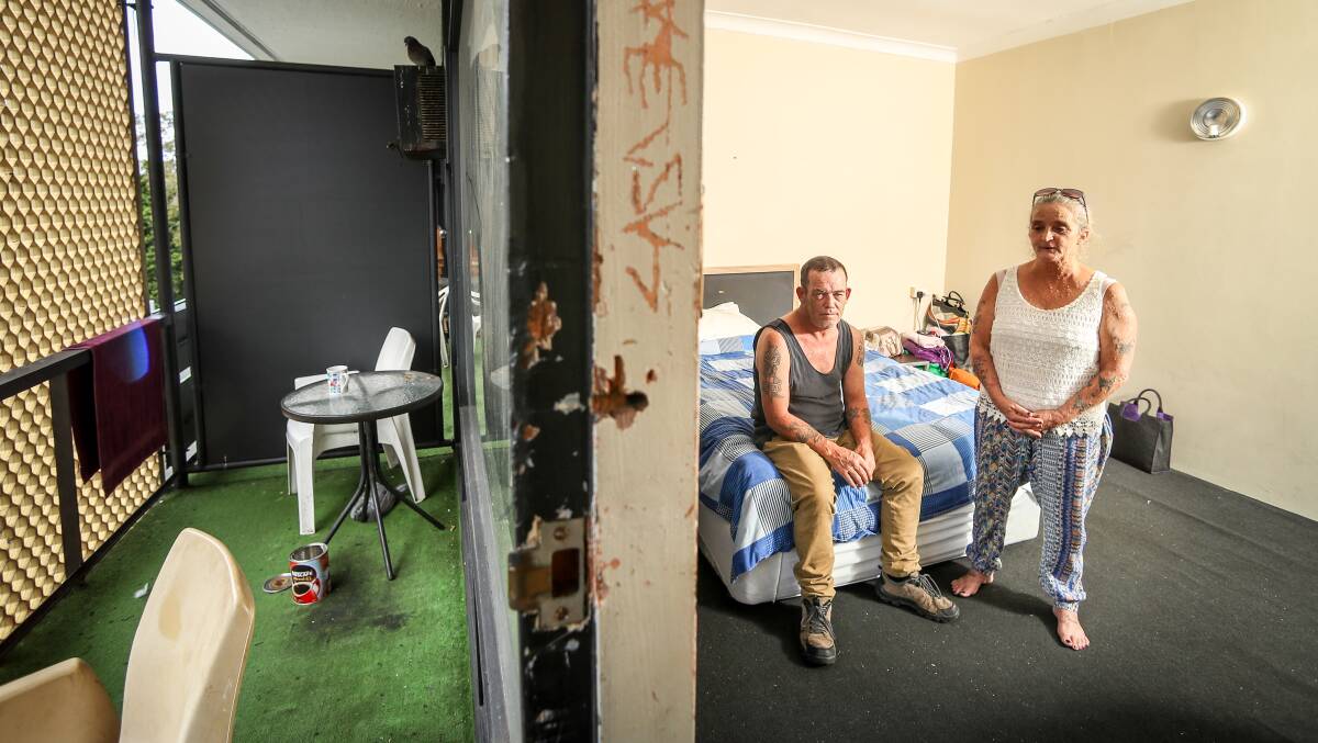 Wollongong Homeless Hub clients Tracey Wilson and friend Gary White are currently staying in temporary accommodation in central Wollongong. Picture: Adam McLean