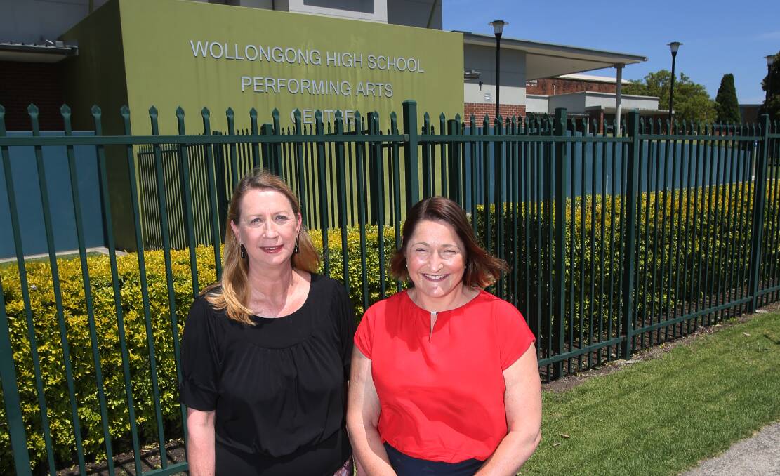 Cunningham MP Sharon Bird and Fiona Phillips, Labor’s candidate for Gilmore outside Wollongong High School of Performing Arts. Picture: Robert Peet