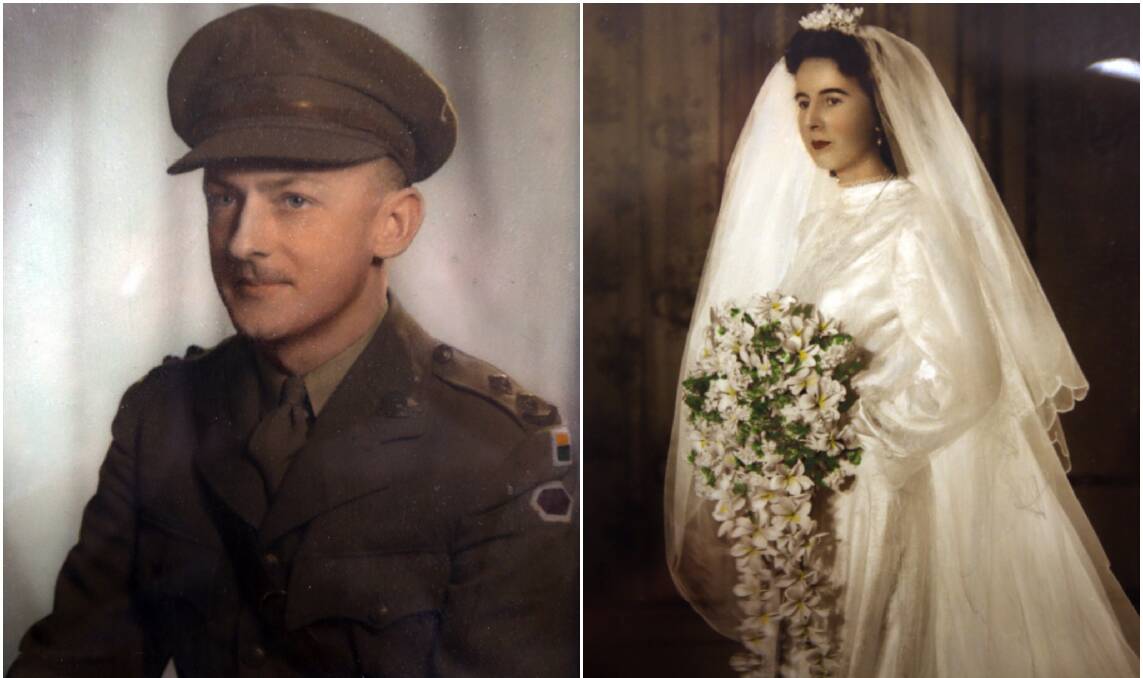 Life of service: (left) Narrowly escaping World War II alive, Mr Hall joined the Army Reserves after the war. (Right) Mr Hall's wife Allison.
