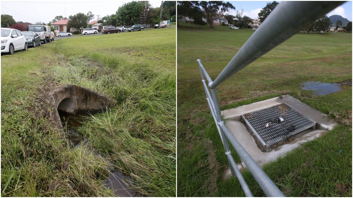 LEFT: MARCH, 2017 - The open drain at Riley Park where Unanderra boy Ryan Teasdale died after being swept away in floodwaters. RIGHT: MARCH, 2018 - The drain has since been redesigned. Earthworks have also changed how water flows across the park.