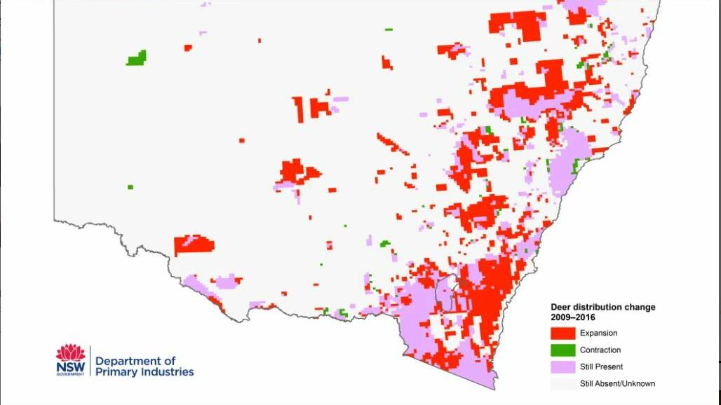 NSW Primary Industries' map showing how all species of deer spread in the seven years to 2016. Picture: NSW Department of Primary Industries