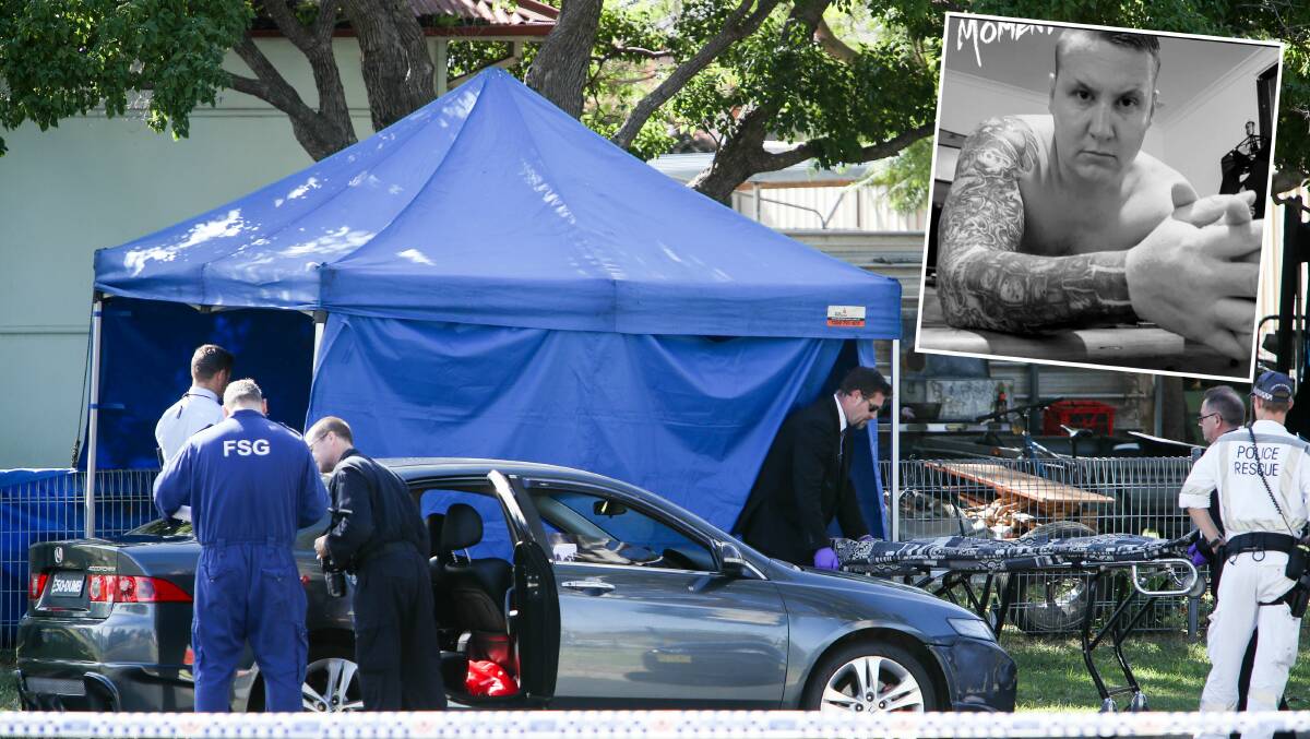 A crime scene was established outside a Unanderra home in 2018. Picture: Adam McLean. Inset: Nathan Costello