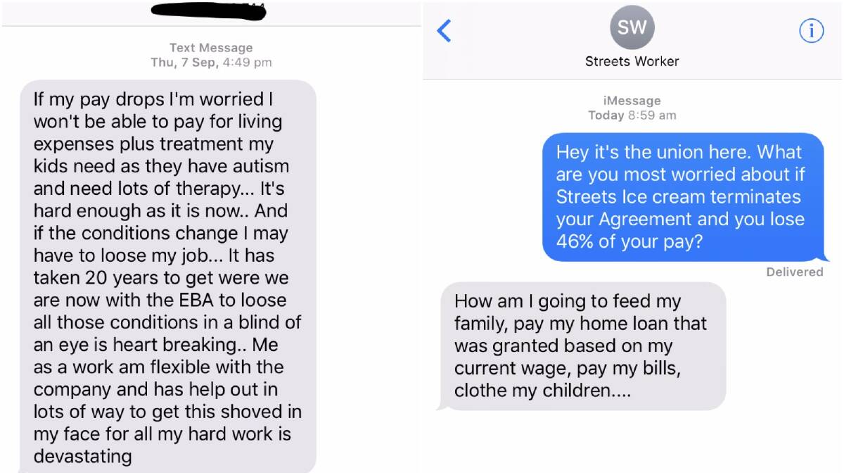 Copies of text messages the Australian Manufacturing Workers Union received from Streets ice cream factory workers.. Photo: Supplied