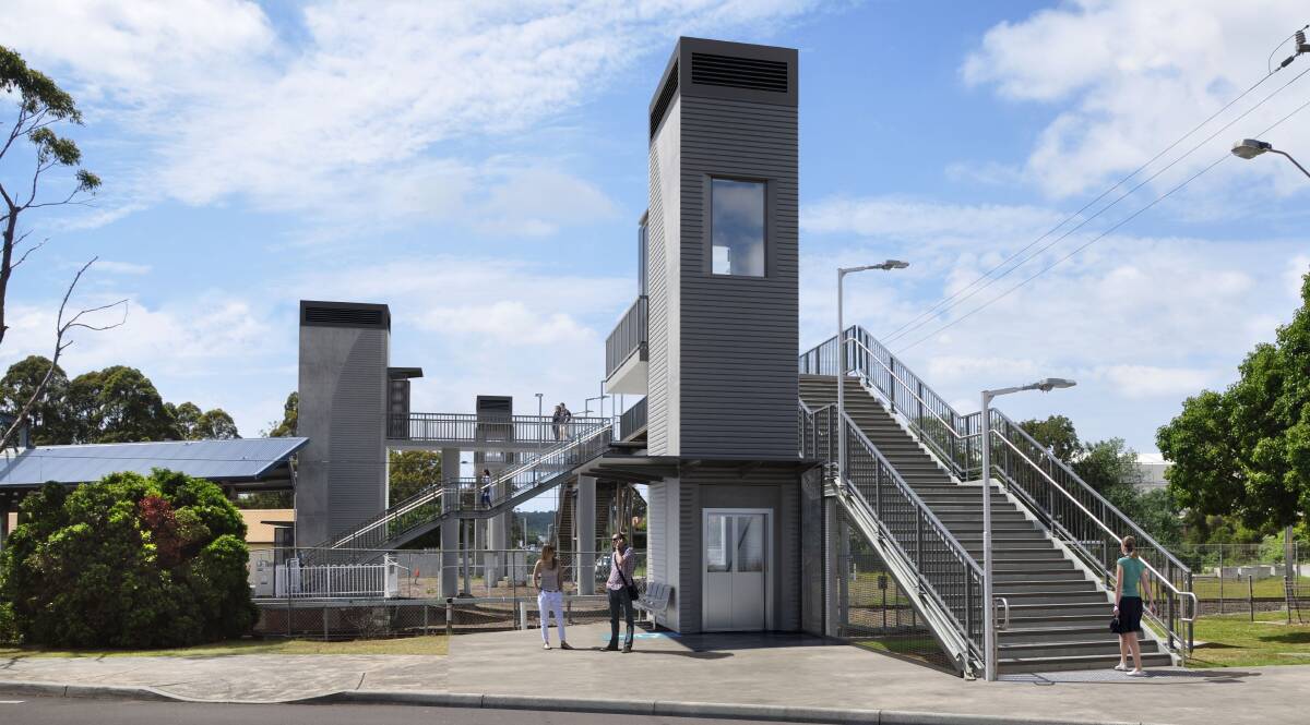 An artist's impression of Unanderra train station with lifts. The project did not receive funding for planning or construction in the 2019 state budget. Picture: Georgia Matts