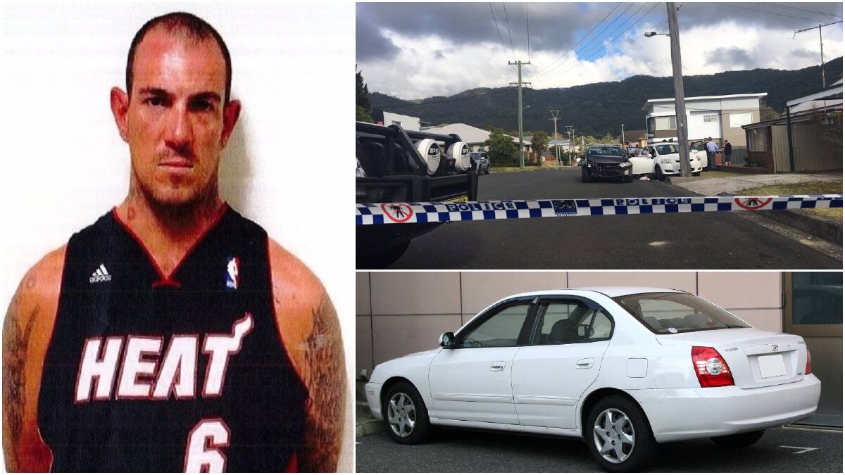 Police are searching for James Uhr (left) after an alleged road rage attack at Wollongong on Wednesday. He is believed to be driving a stolen Hyundai Elantra (similar to below, right). 
