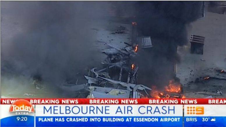Plane crash at Essendon DFO Photo: Nine News