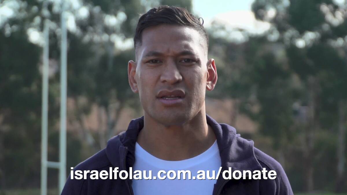 Israel Folau has appeared in a video asking for people to donate money as he begins his legal fight against Rugby Australia. Picture: Youtube