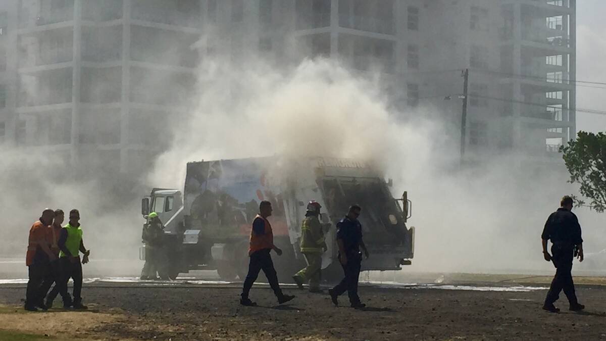 A fire broke out inside a garbage truck at North Dalton Park on Wednesday. Picture: ADAM McLEAN