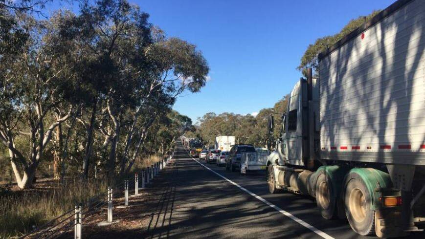 Traffic is banked up for hundreds of metres on the Hume Highway north of Goulburn due to a crash. Picture: Mariam Koslay, Goulburn Post