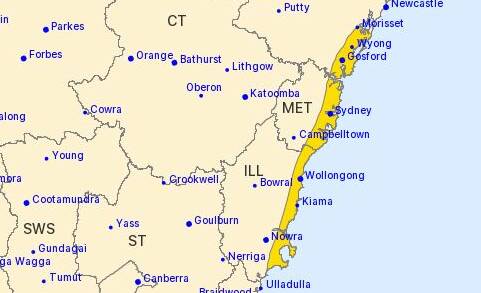The yellow area covers the severe weather warning locations. Picture: BOM