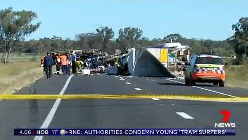 The fuel tanker crashed head-on with Jack's truck before toppling onto Marina's 4WD, police said. Photo: Seven News