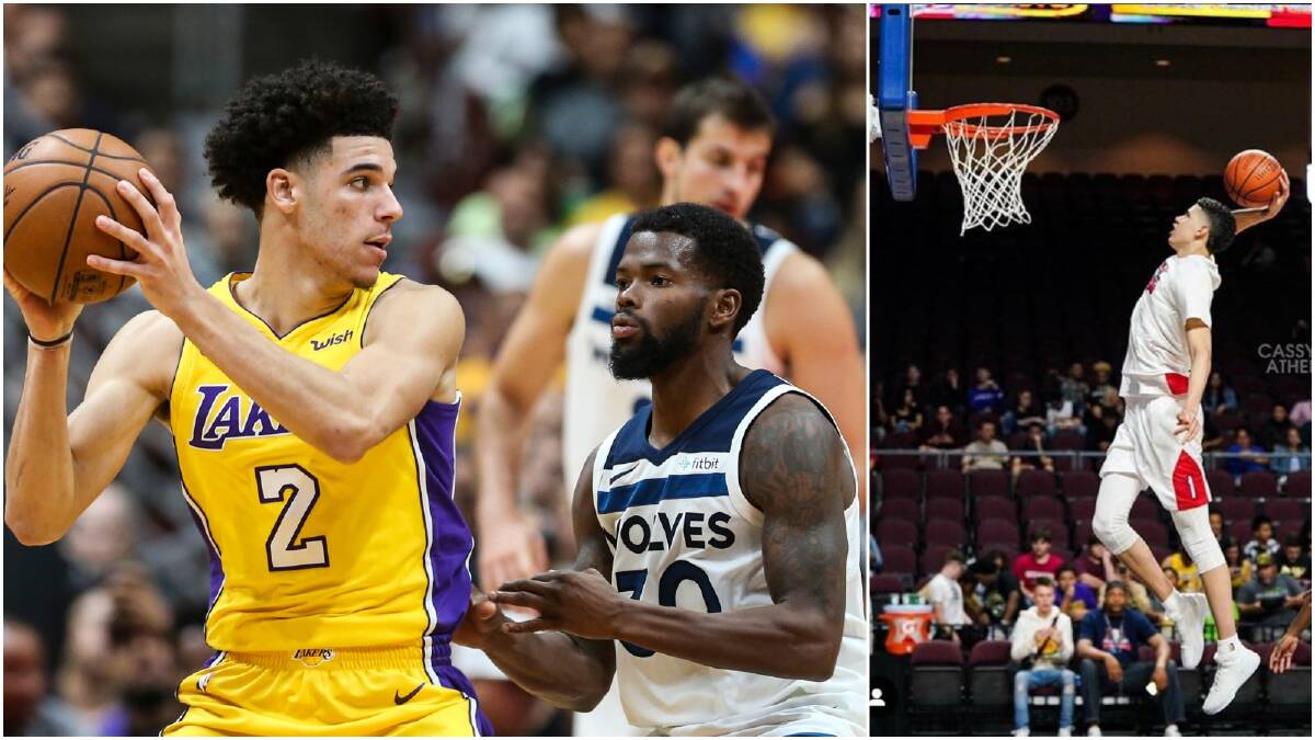 Los Angeles Lakers guard Lonzo Ball with the Illawarra Hawks' new signing Aaron Brooks. Picture: AP Right: LaMelo Ball was confirmed as a Hawks signing early Tuesday. Picture: Instagram
