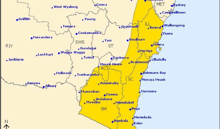 The weather warning applies to those in the yellow shaded area. Picture: BOM