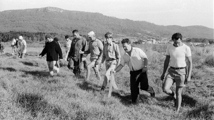 Police and volunteers search for three-year-old girl, Cheryl Grimmer, who disappeared from Fairy Meadow Beach, NSW, the day before. Picture taken 13 January 1970.