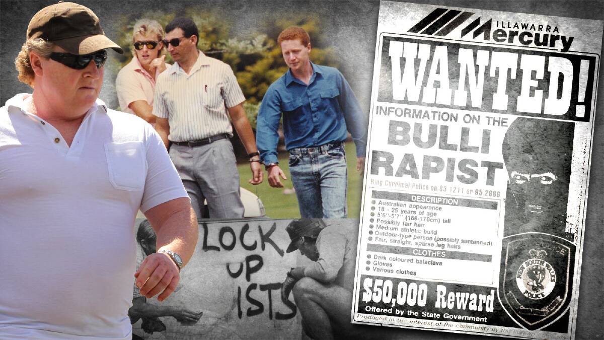 Clockwise: Bulli rapist Terry Williamson upon his release from jail in 2012; his arrest in 1990; how the Mercury reported the events at the time; community outrage and fear. 