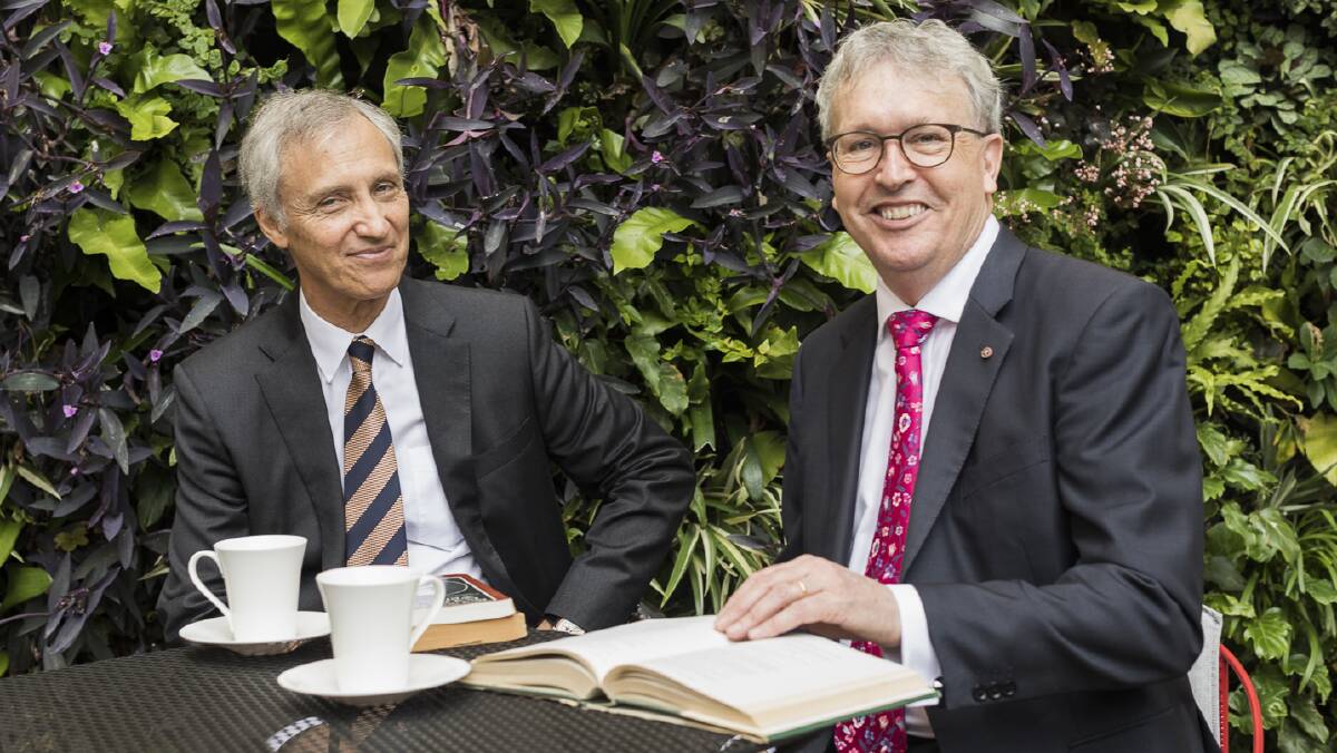 Ramsay Centre CEO Professor Simon Haines with University of Wollongong Vice Chancellor Professor Paul Wellings in 2018. Picture: supplied