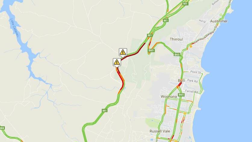 The red lines show traffic is heavy on the M1 near Bellambi Creek after two accidents. Picture: LiveTraffic