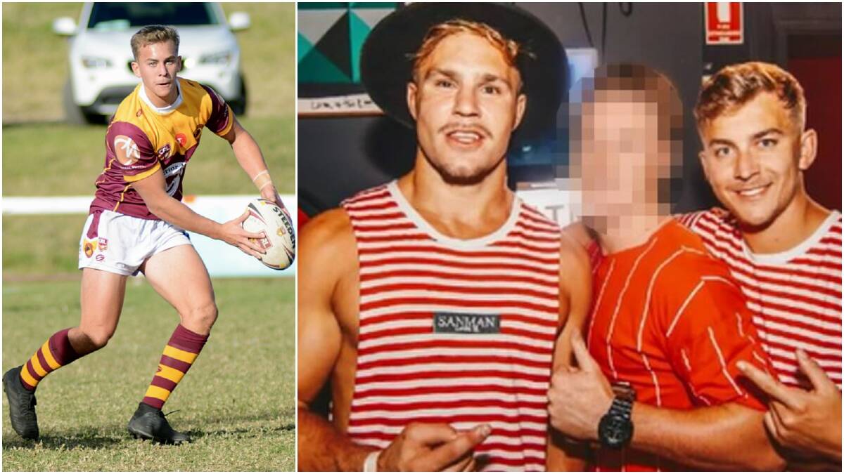 Left: Callan Sinclair playing for Shellharbour Sharks and (right) with Jack De Belin on a pre-Christmas pub crawl in Wollongong. Picture: Greg Rigby 