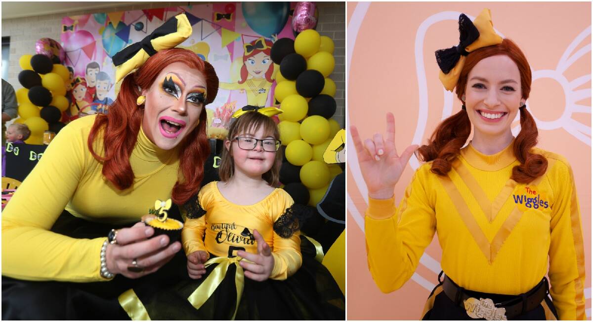 Wollongong drag queen Adam Larkham, aka Roxee Horror, transformed into Emma Wiggle to celebrate his sister' Olivia Larkham's fifth birthday. Picture: Robert Peet Right: The Wiggles' Emma