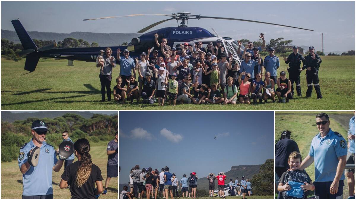 SURPRISE: The Polair helicopter pays a visit during a special back-to-school 'Fit for Life' session at Bellambi last week. Pictures: Wollongong police