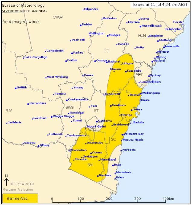 A severe weather warning for damaging winds has been issued for the area shaded in yellow. Picture: BOM